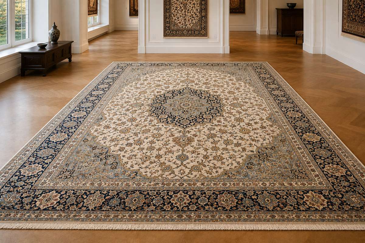 Fine Persian Isfahan rug with a curvilinear central medallion, Shah Abbas floral motifs and an ivory ground